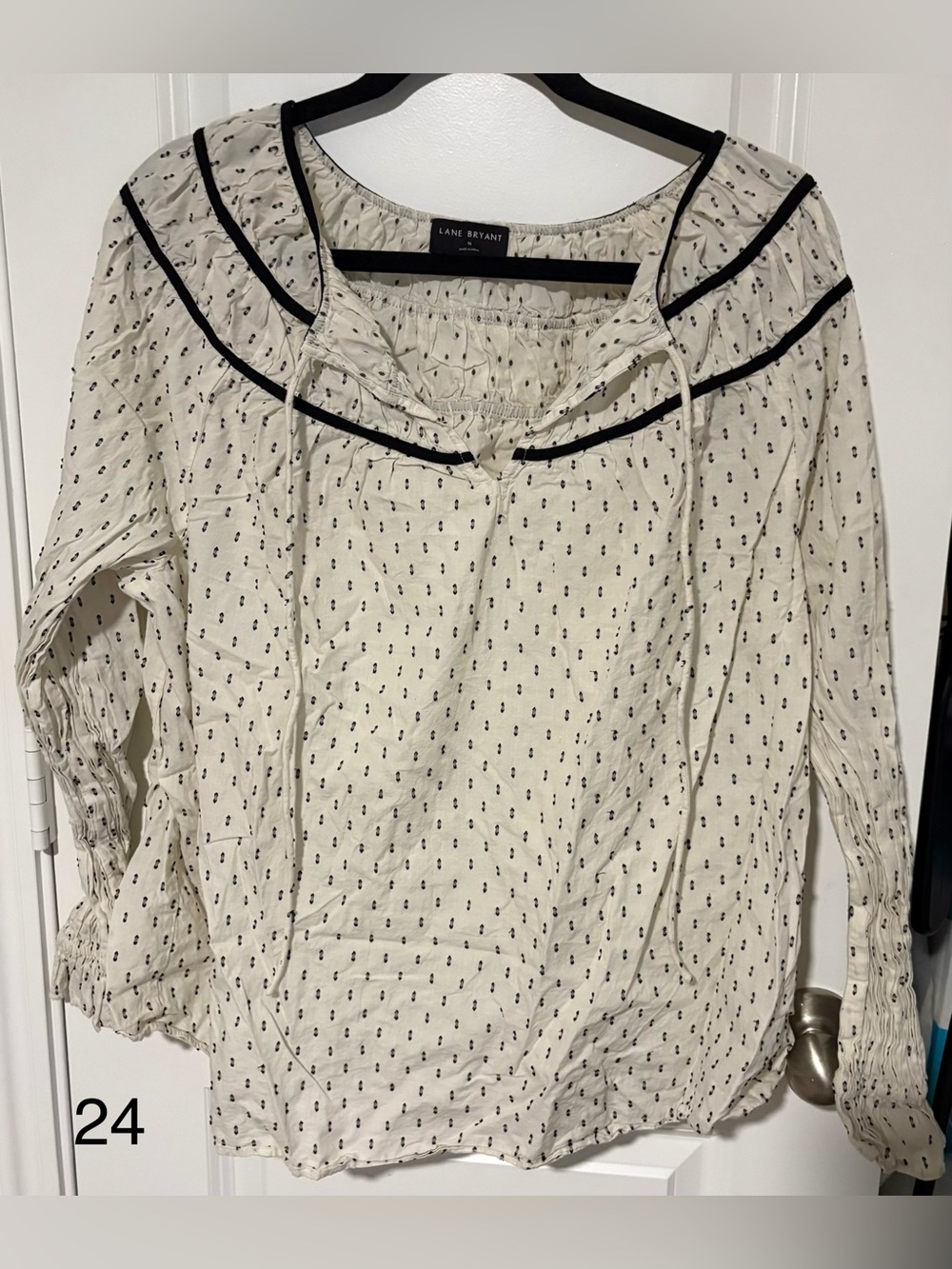 Lane Bryant Cream Peasant Blouse with Black Dot Trim